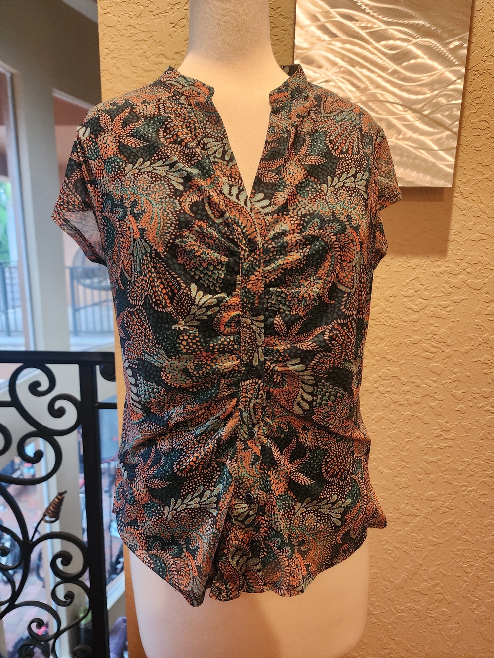 DR2 Black Floral Ruched Short Sleeve Blouse with Coral & Teal Accents